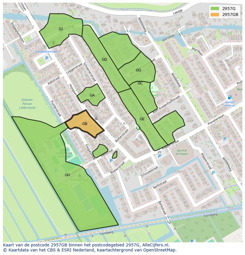 Afbeelding van het postcodegebied 2957 GB op de kaart.