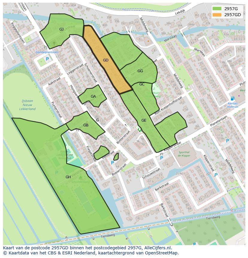 Afbeelding van het postcodegebied 2957 GD op de kaart.