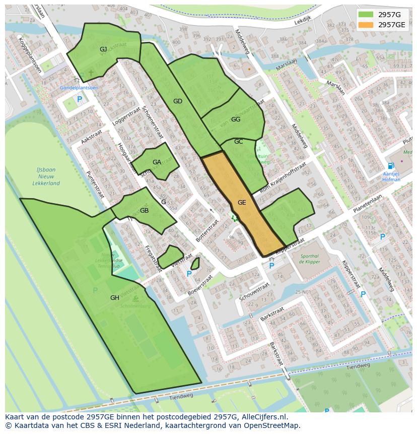 Afbeelding van het postcodegebied 2957 GE op de kaart.