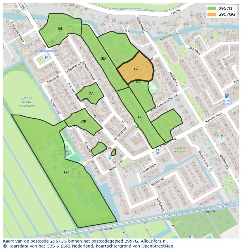 Afbeelding van het postcodegebied 2957 GG op de kaart.
