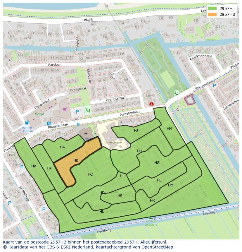 Afbeelding van het postcodegebied 2957 HB op de kaart.