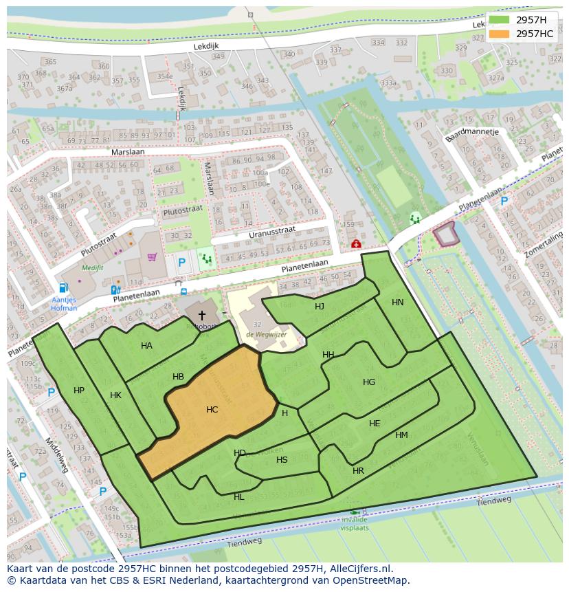 Afbeelding van het postcodegebied 2957 HC op de kaart.