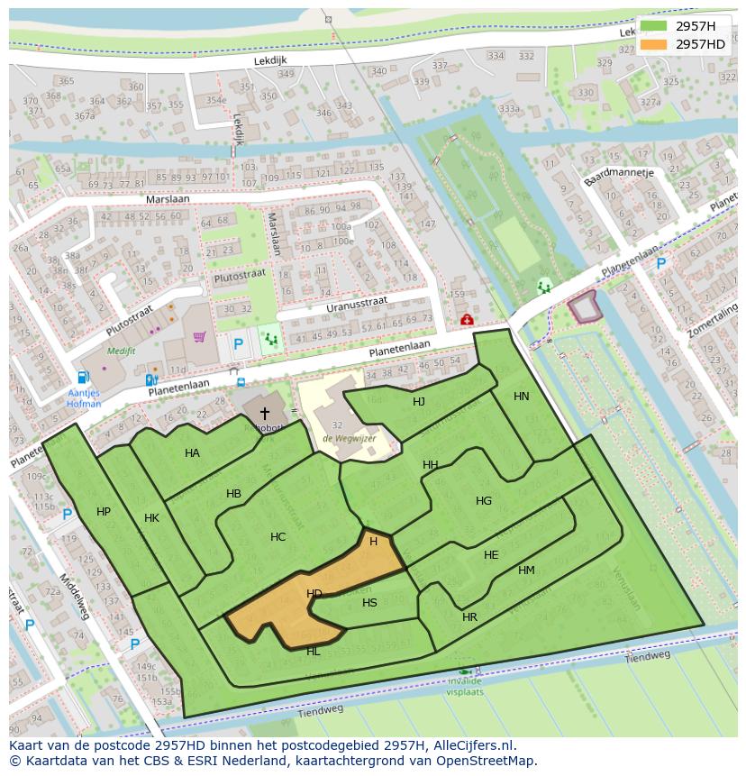 Afbeelding van het postcodegebied 2957 HD op de kaart.