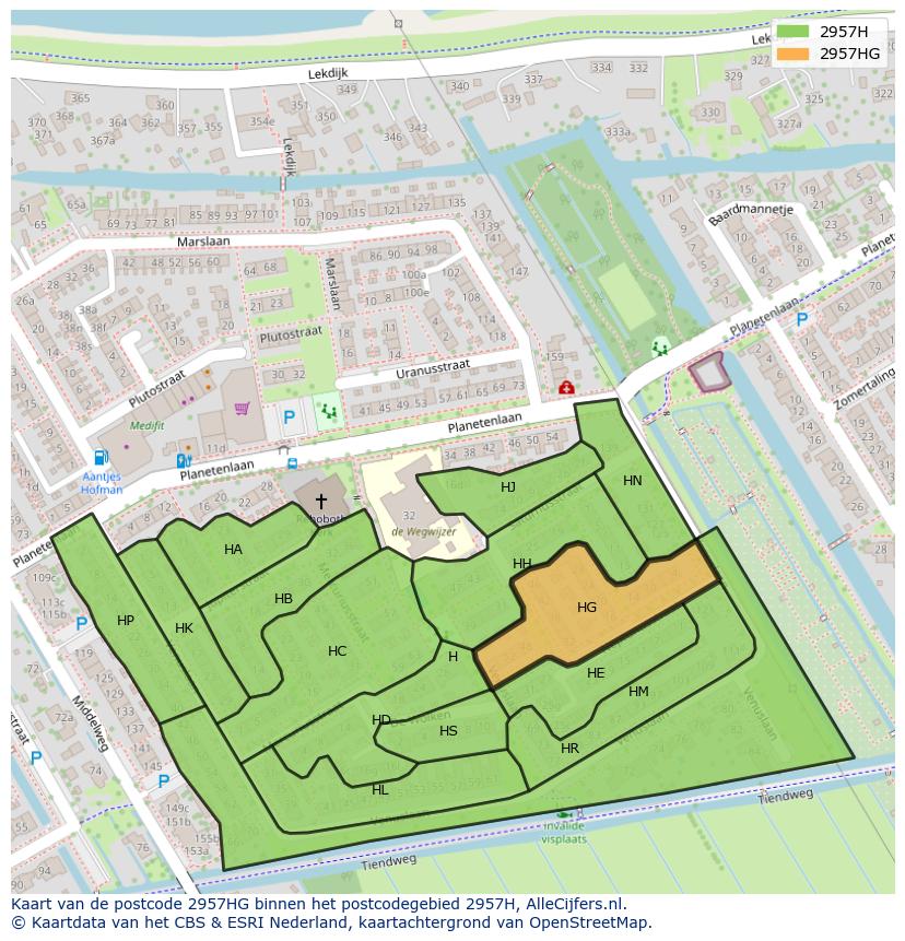 Afbeelding van het postcodegebied 2957 HG op de kaart.