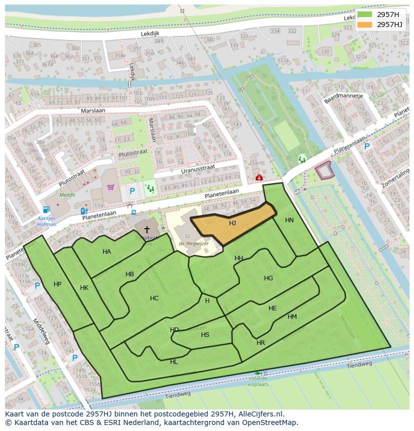 Afbeelding van het postcodegebied 2957 HJ op de kaart.