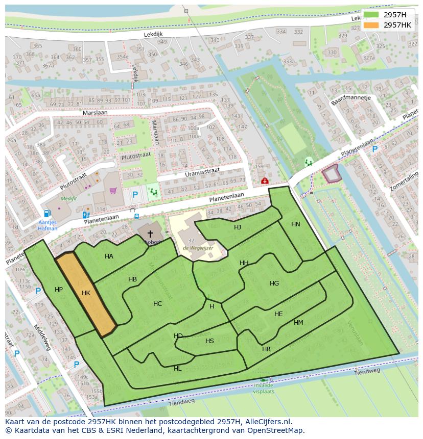 Afbeelding van het postcodegebied 2957 HK op de kaart.