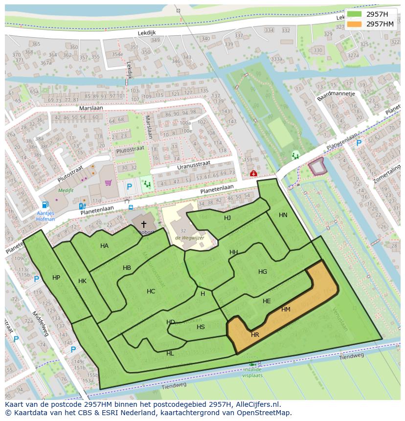 Afbeelding van het postcodegebied 2957 HM op de kaart.