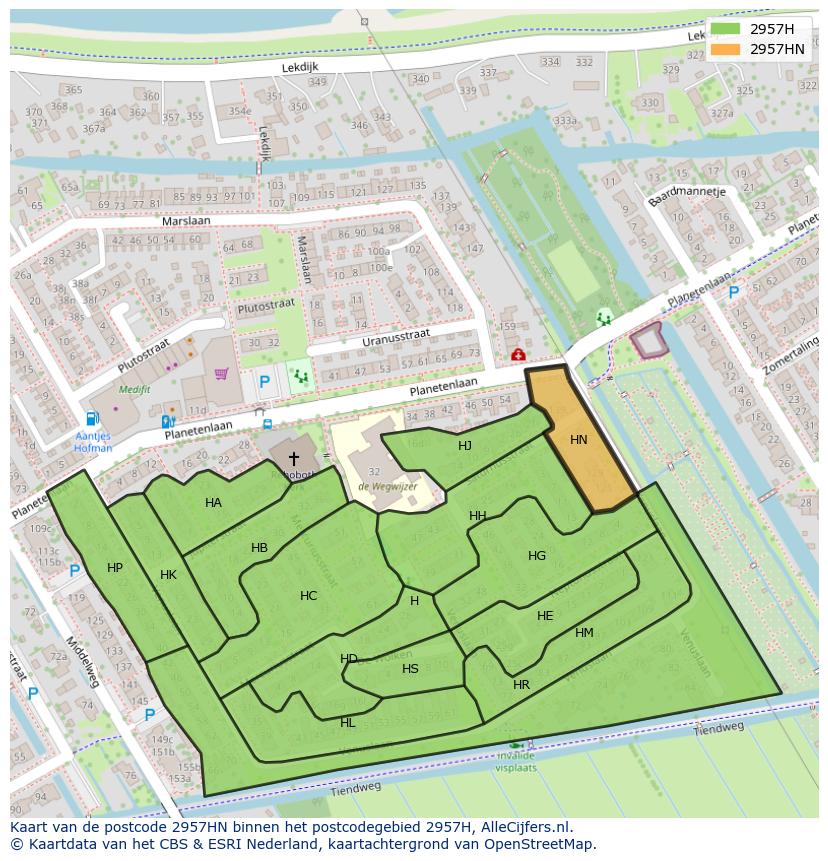 Afbeelding van het postcodegebied 2957 HN op de kaart.