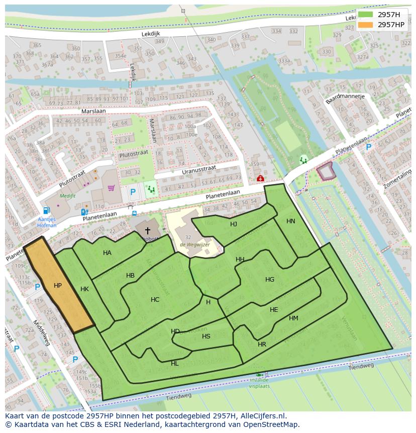 Afbeelding van het postcodegebied 2957 HP op de kaart.