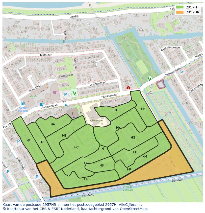 Afbeelding van het postcodegebied 2957 HR op de kaart.