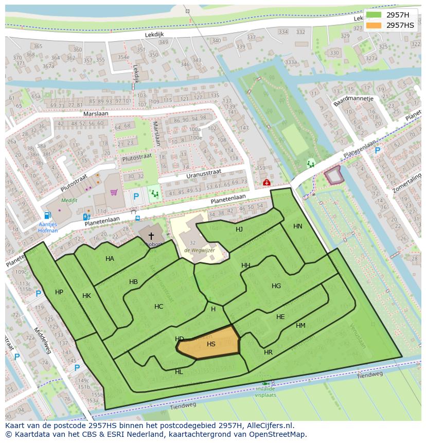Afbeelding van het postcodegebied 2957 HS op de kaart.