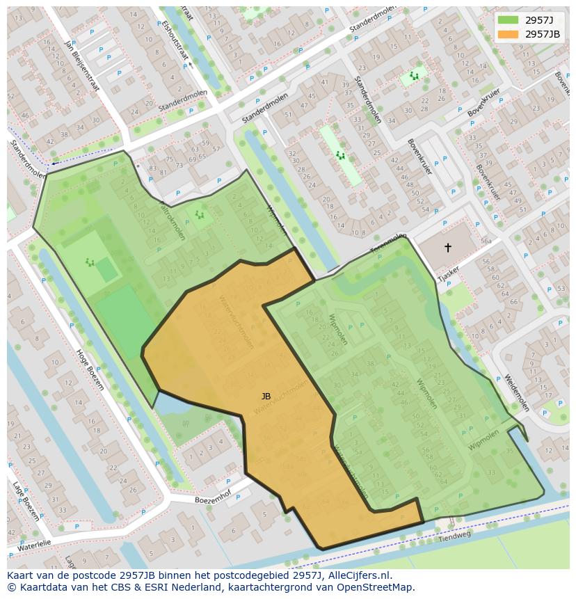 Afbeelding van het postcodegebied 2957 JB op de kaart.