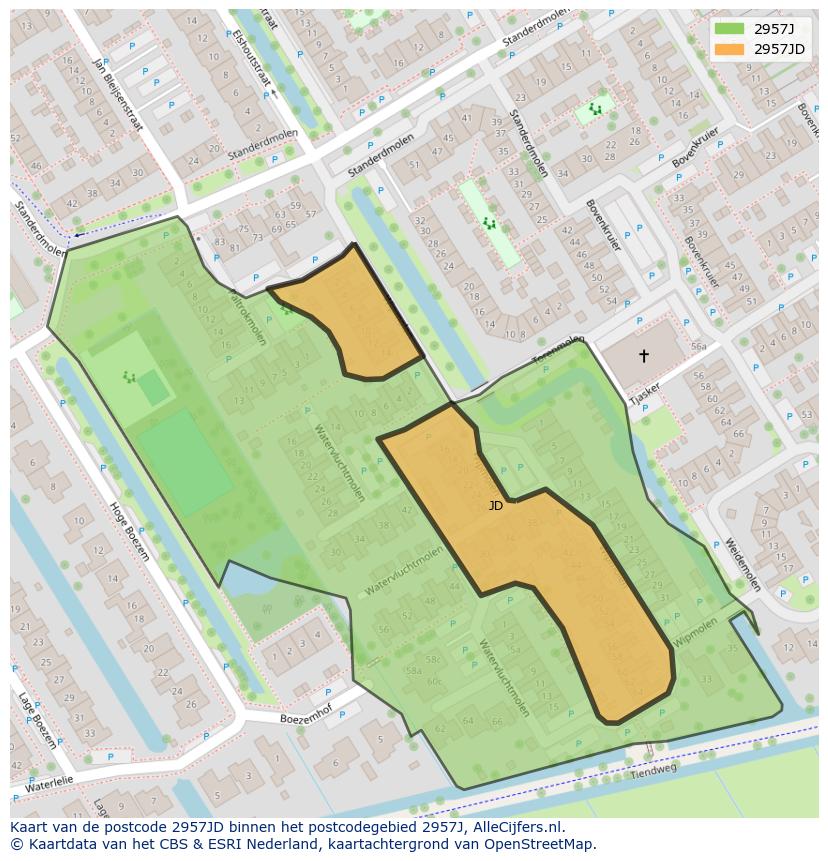 Afbeelding van het postcodegebied 2957 JD op de kaart.