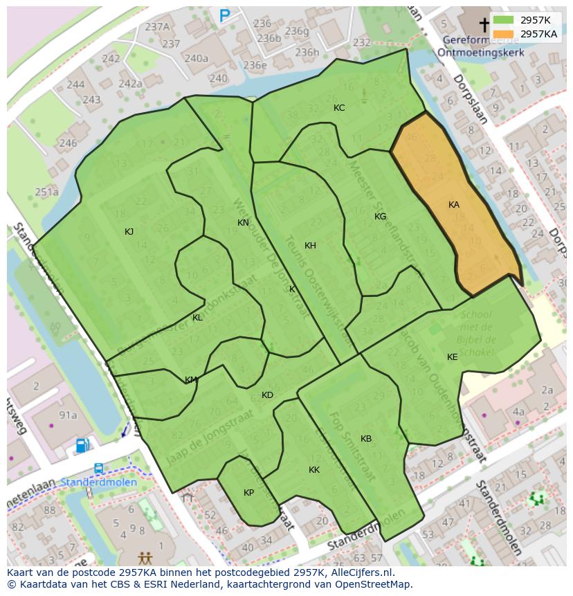Afbeelding van het postcodegebied 2957 KA op de kaart.