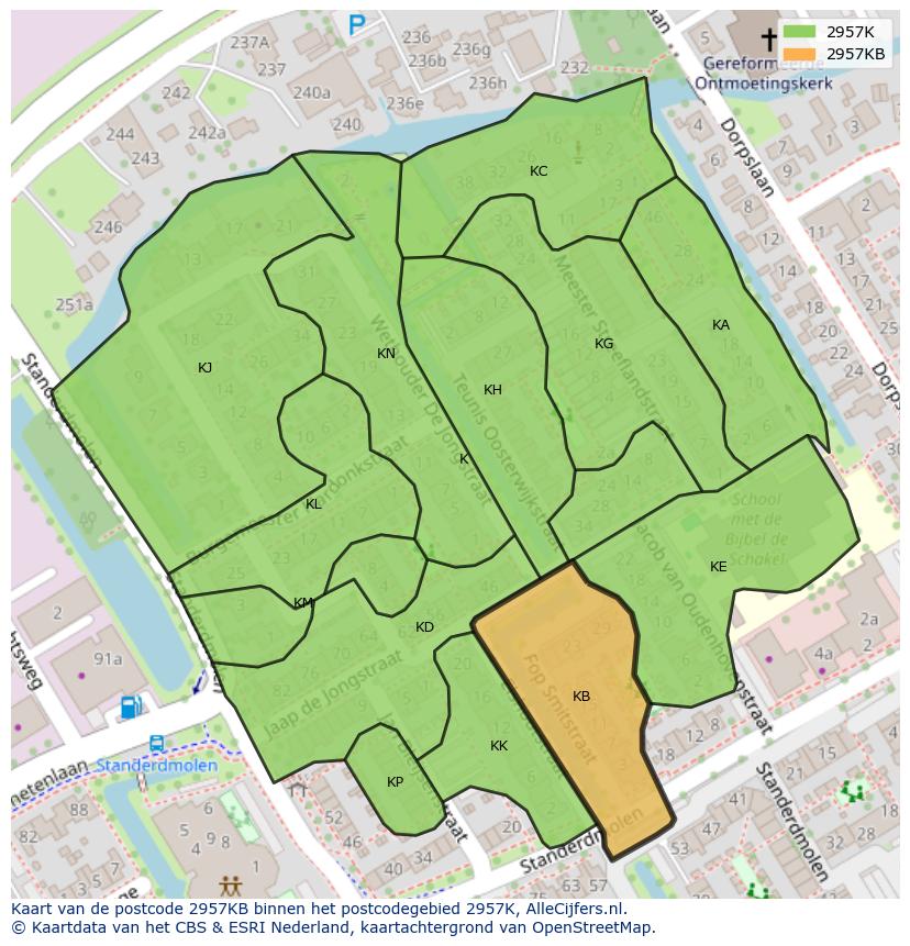 Afbeelding van het postcodegebied 2957 KB op de kaart.