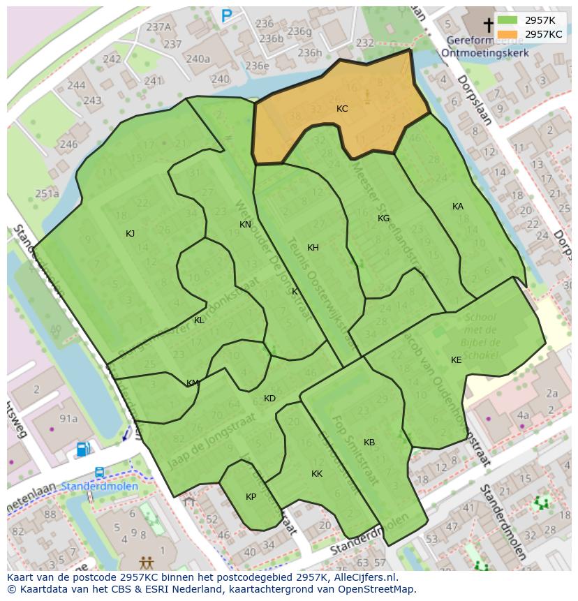 Afbeelding van het postcodegebied 2957 KC op de kaart.