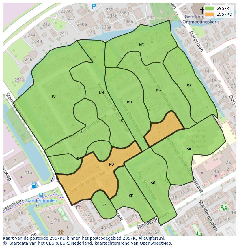 Afbeelding van het postcodegebied 2957 KD op de kaart.