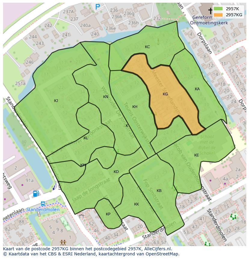 Afbeelding van het postcodegebied 2957 KG op de kaart.