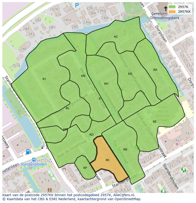 Afbeelding van het postcodegebied 2957 KK op de kaart.