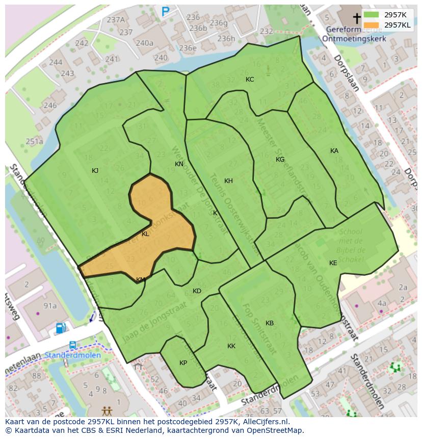 Afbeelding van het postcodegebied 2957 KL op de kaart.