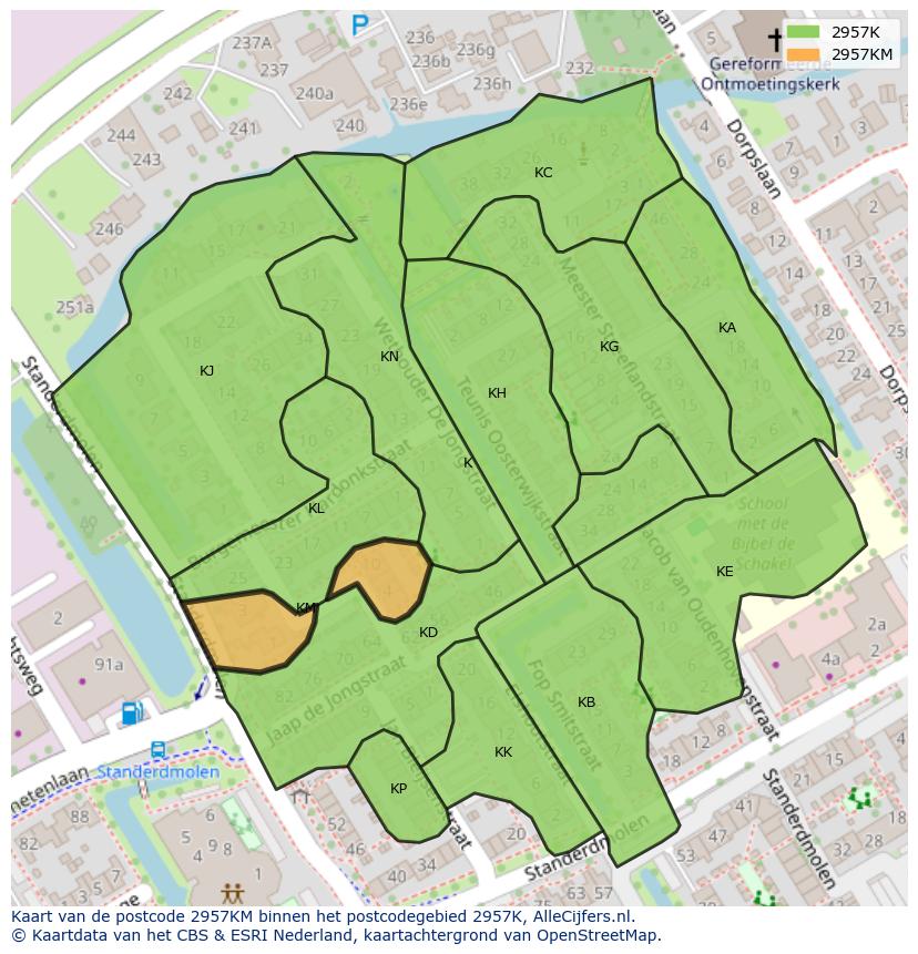 Afbeelding van het postcodegebied 2957 KM op de kaart.