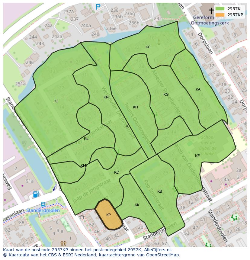 Afbeelding van het postcodegebied 2957 KP op de kaart.