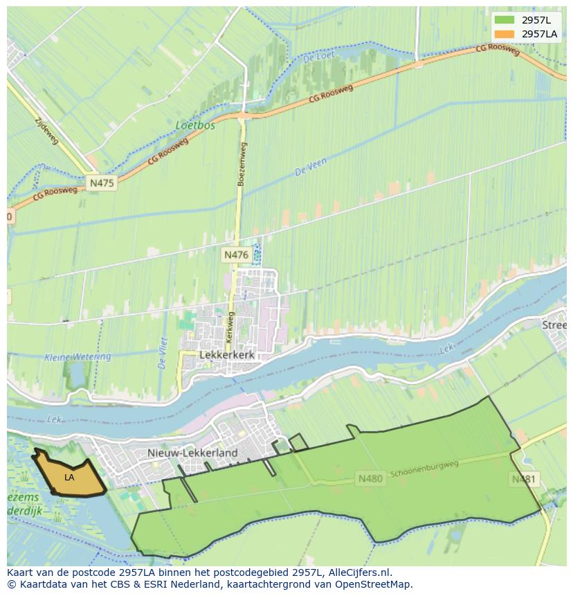 Afbeelding van het postcodegebied 2957 LA op de kaart.