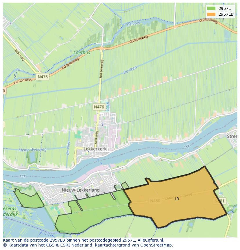 Afbeelding van het postcodegebied 2957 LB op de kaart.