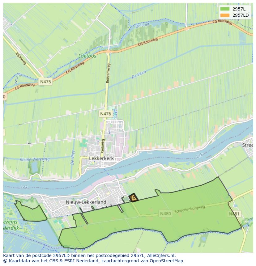 Afbeelding van het postcodegebied 2957 LD op de kaart.