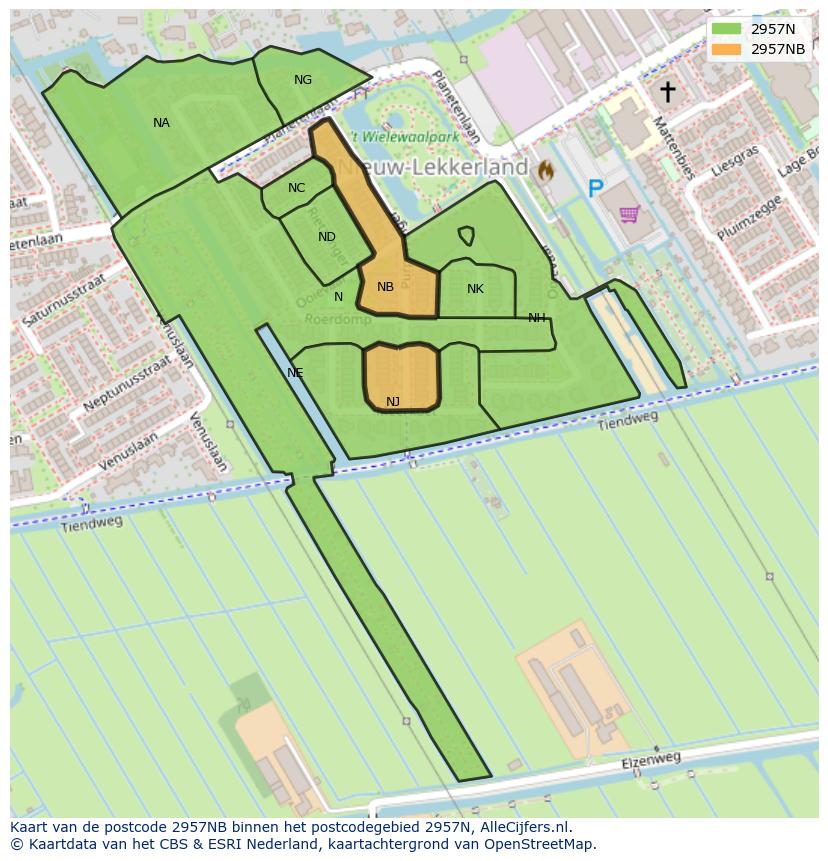 Afbeelding van het postcodegebied 2957 NB op de kaart.