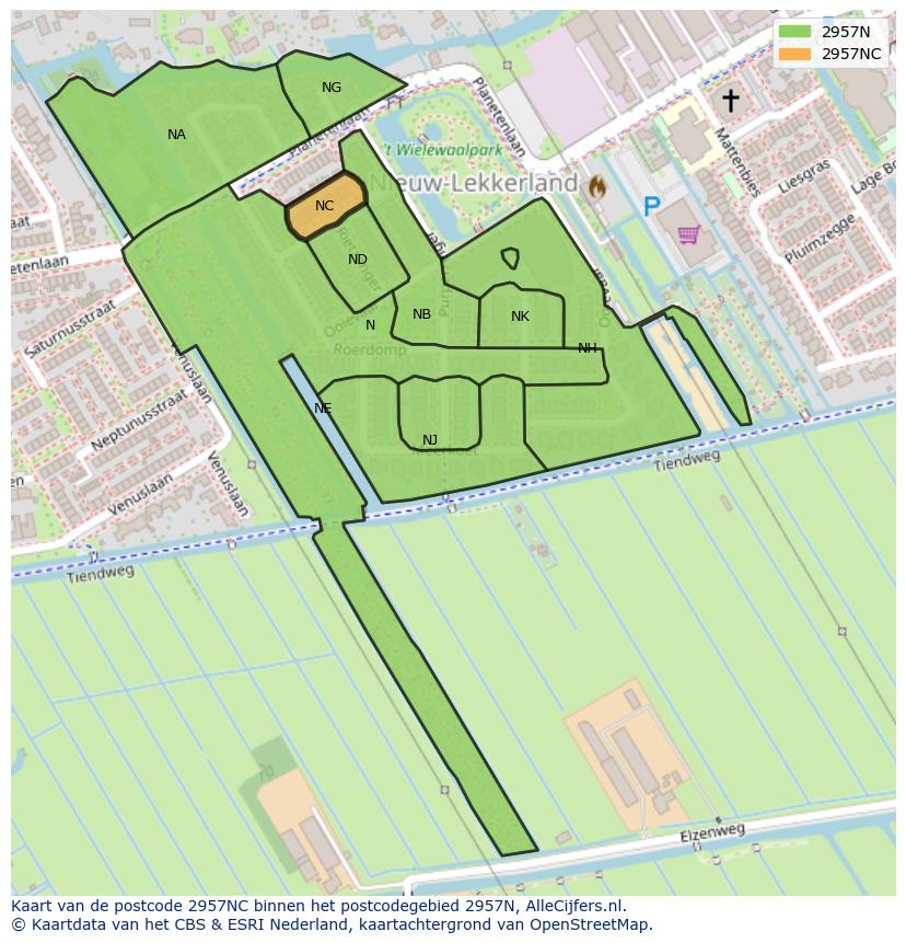 Afbeelding van het postcodegebied 2957 NC op de kaart.