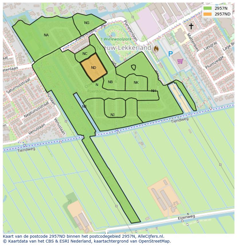 Afbeelding van het postcodegebied 2957 ND op de kaart.