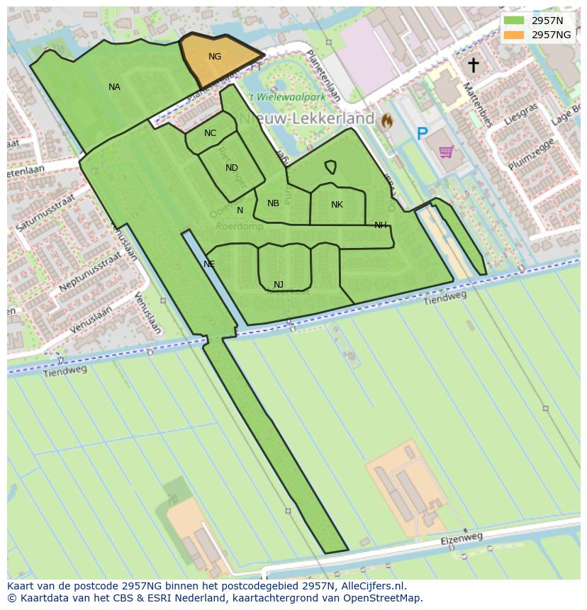 Afbeelding van het postcodegebied 2957 NG op de kaart.