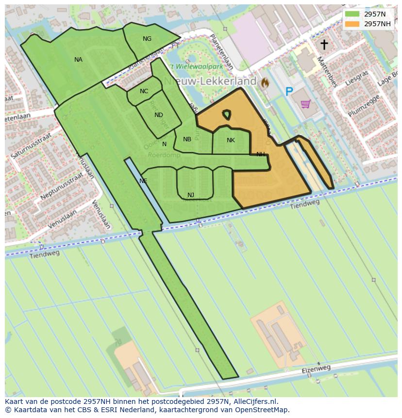 Afbeelding van het postcodegebied 2957 NH op de kaart.