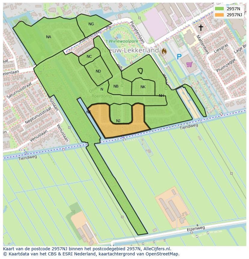 Afbeelding van het postcodegebied 2957 NJ op de kaart.