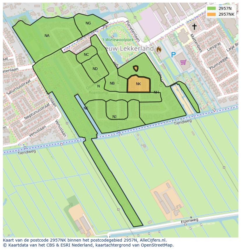 Afbeelding van het postcodegebied 2957 NK op de kaart.