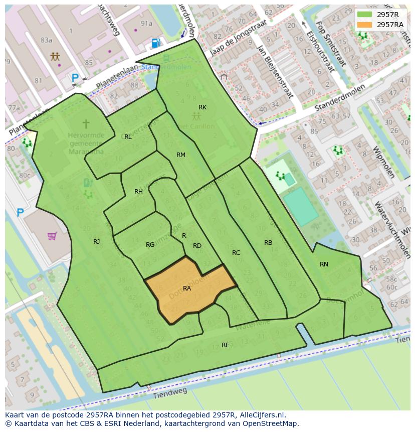 Afbeelding van het postcodegebied 2957 RA op de kaart.