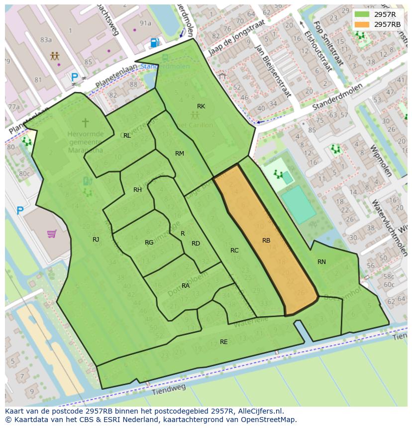Afbeelding van het postcodegebied 2957 RB op de kaart.