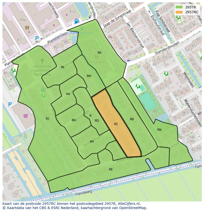 Afbeelding van het postcodegebied 2957 RC op de kaart.
