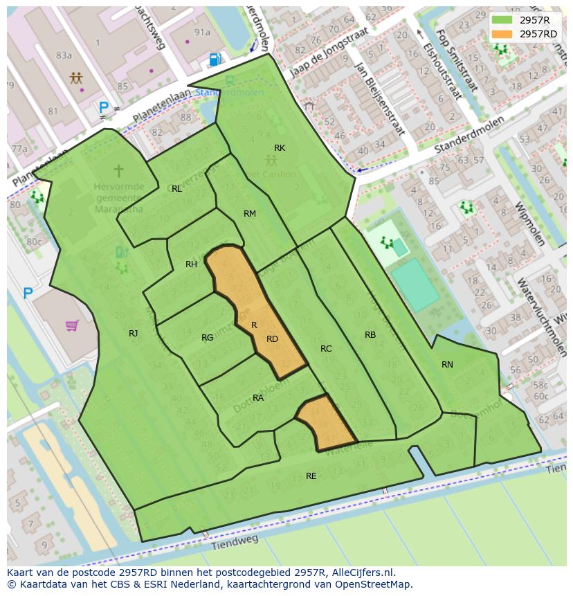 Afbeelding van het postcodegebied 2957 RD op de kaart.