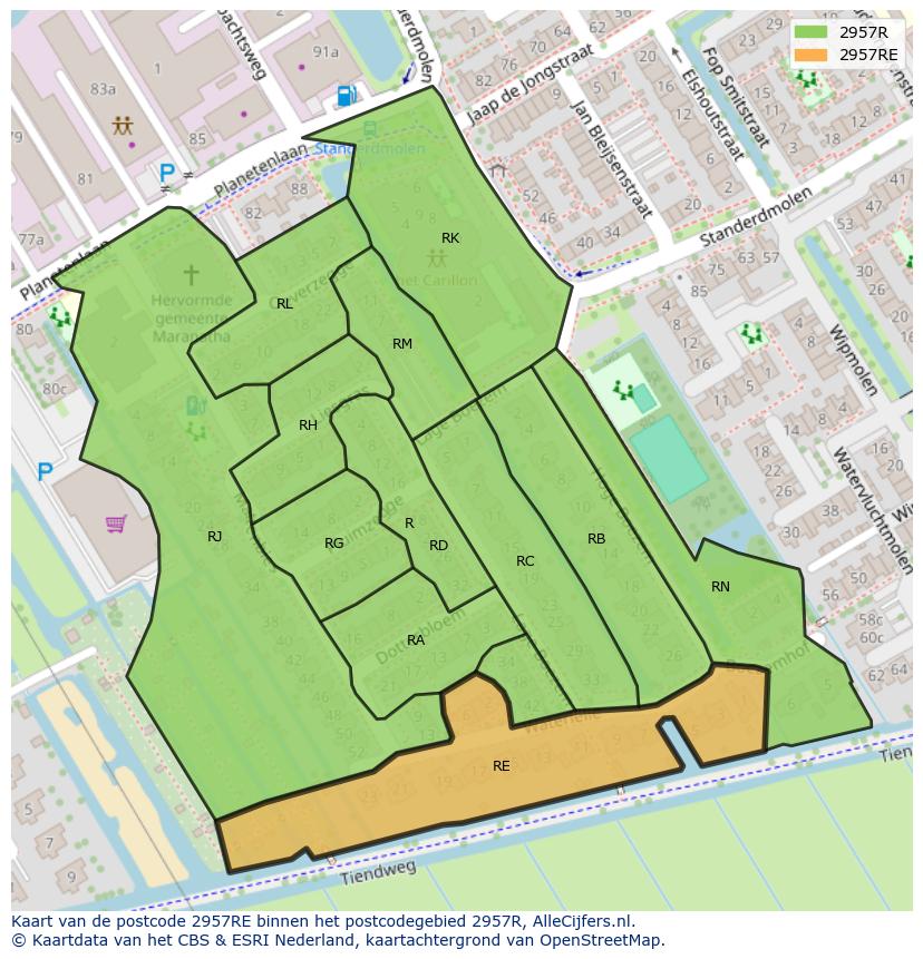 Afbeelding van het postcodegebied 2957 RE op de kaart.