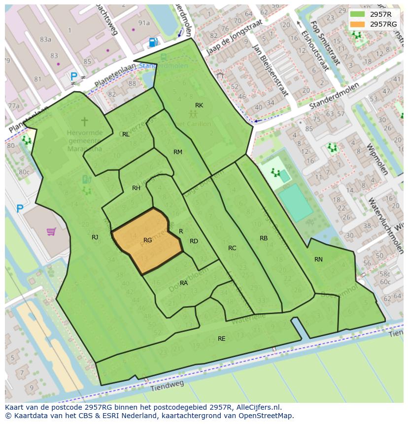 Afbeelding van het postcodegebied 2957 RG op de kaart.