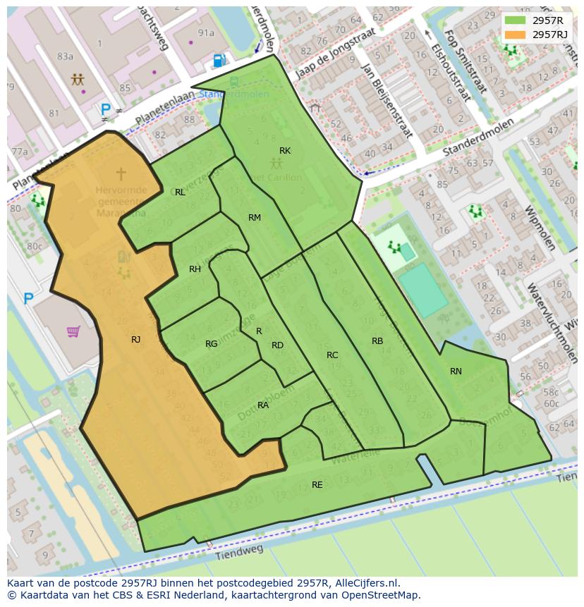 Afbeelding van het postcodegebied 2957 RJ op de kaart.