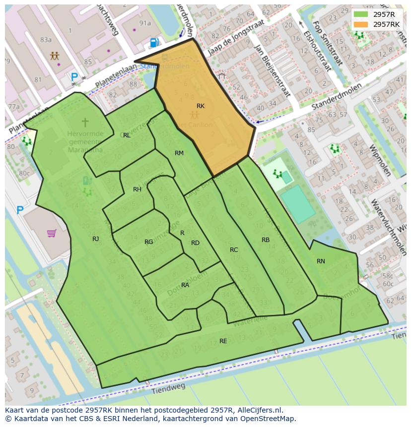Afbeelding van het postcodegebied 2957 RK op de kaart.