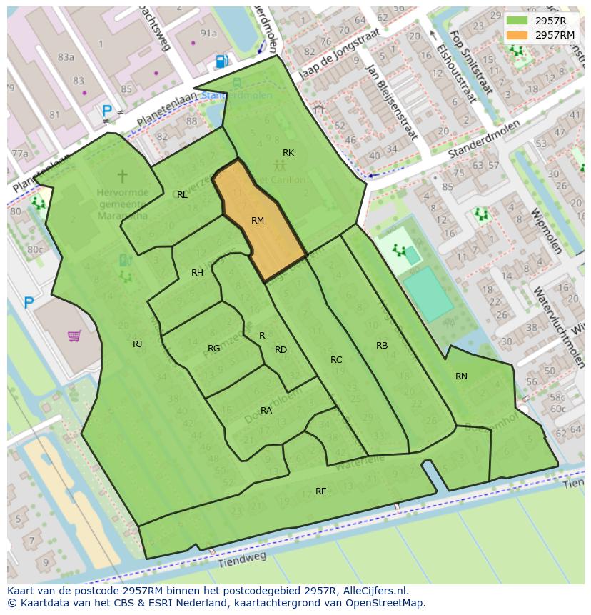 Afbeelding van het postcodegebied 2957 RM op de kaart.