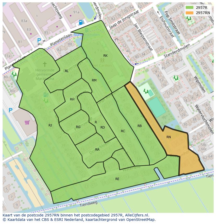 Afbeelding van het postcodegebied 2957 RN op de kaart.