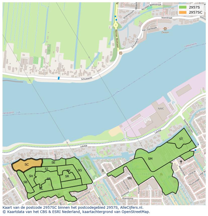 Afbeelding van het postcodegebied 2957 SC op de kaart.