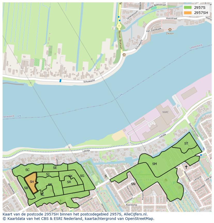 Afbeelding van het postcodegebied 2957 SH op de kaart.