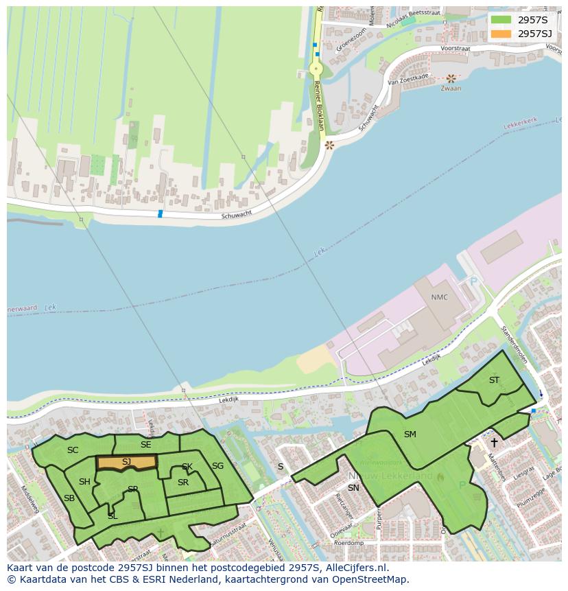 Afbeelding van het postcodegebied 2957 SJ op de kaart.