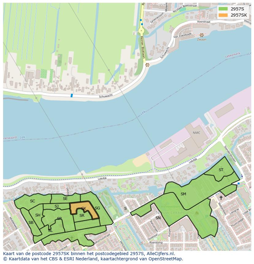 Afbeelding van het postcodegebied 2957 SK op de kaart.